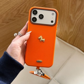 Làm Giàu 3D Ngựa Vàng Cam Đỏ Da PU Wrsit Dây Đeo Ốp Lưng Điện Thoại iPhone 17Promax 12 13 14 15 16 Pro Max 17Pro 15Plus Vỏ Di Động Nữ Chống Sốc