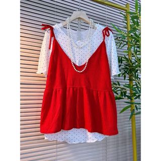 <![CDATA[[Khuyến mãi tạm thời] Bộ đồ hai mảnh dệt kim chấm bi phong cách Hàn Quốc, phù hợp mùa hè và người plus size]]>