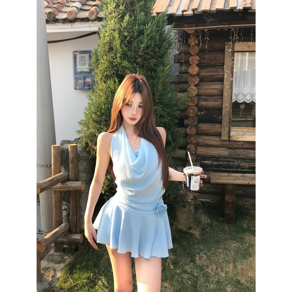 Ren Slim-fit Dây Đầm Nữ Mùa Hè Màu Xanh Váy Ngắn Có Hoa Pure Desire Slim-fit Váy Chữ a