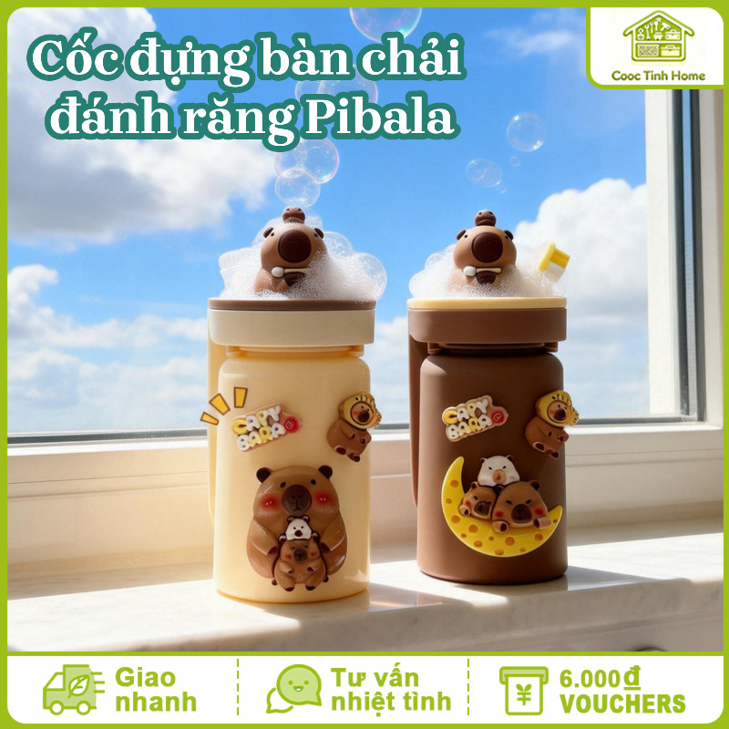 Cốc Đựng Nước & Giá Treo Bàn Chải 2in1 Hình Capybara Cho Cả Gia Đình, Không Cần Khoan, Sắp Xếp Phòng Tắm