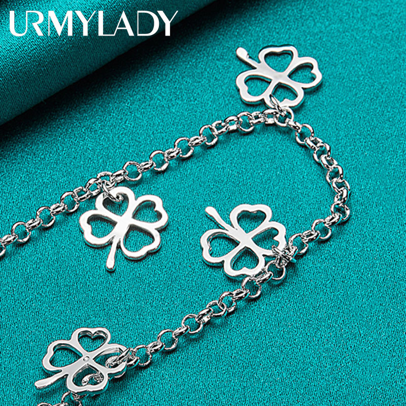 URMYLADY - Mặt dây chuyền và vòng tay bạc 925 bốn lá cỏ ba lá, thời trang thanh lịch cho nữ