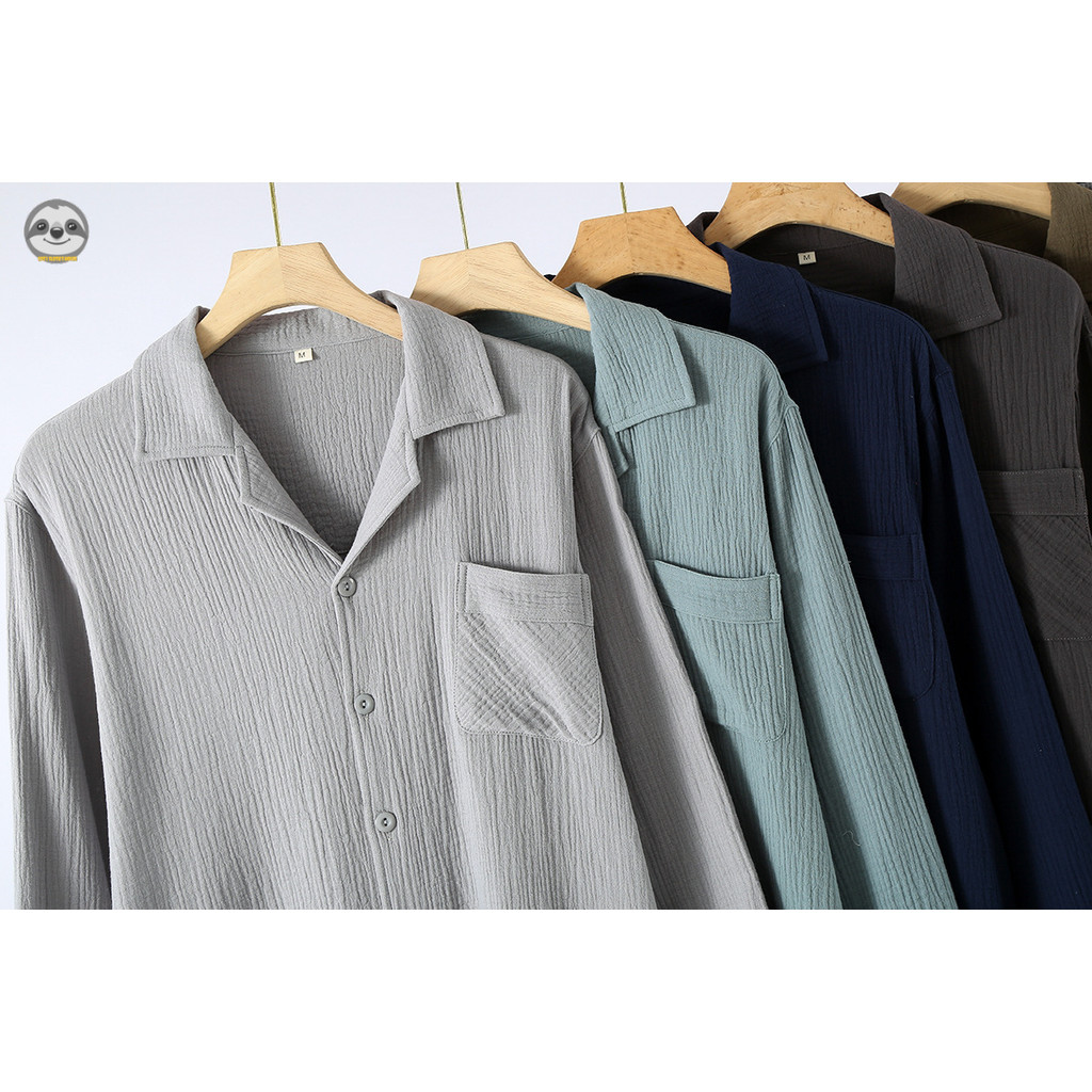 Phong Cách Nhật Bản Phong Cách Đơn Giản Nam Đơn Sắc Sợi Hai Lớp Cotton Nguyên Chất Quần Dài Tay Bộ Đồ Ngủ / Sợi Cotton Hai Lớp Cardigan Màu Trơn Xuân Thu Loungewear