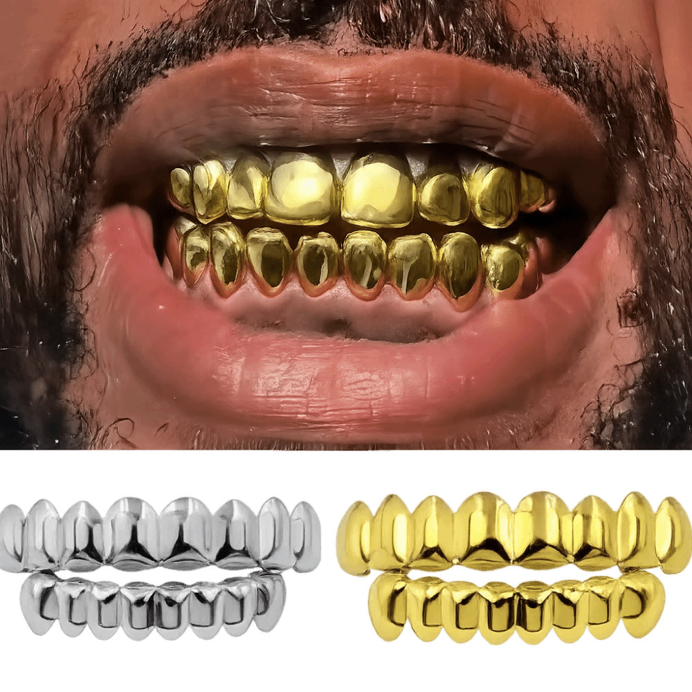 POYFOX Răng Grillz Top Đáy Bộ, Mũ Lưới Nướng Răng Chống Trơn Trượt Sáng Bóng, Hợp Thời Trang Đồng Bạc Vàng Răng Trang Sức Cosplay