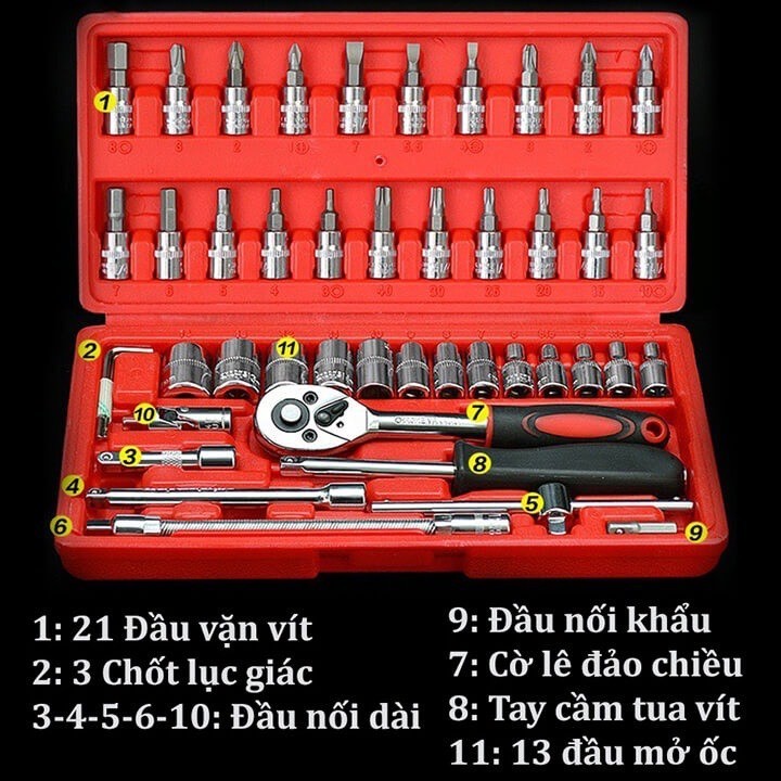 Bộ dụng cụ mở bu lông ốc vít 46 chi tiết đa năng,bộ khẩu tuýp vặn,bộ dụng cụ vặn bu lông,bộ dụng cụ sửa chữa khẩu,khẩu