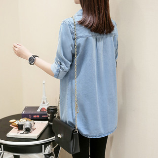Áo sơ mi denim dáng ôm vừa vặn, dài vừa phải, cỡ lớn, có sẵn cho nữ, áo mặc mùa thu, áo sơ mi dài tay, áo khoác nữ.
