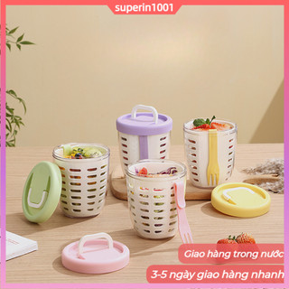 Cốc Trái Cây Có Thể Thoát Nước Có Nĩa Hộp Dã Ngoại Di Động Dung Tích Lớn Poke Cốc Nhựa Kín Hộp Salad Chống Rò Rỉ