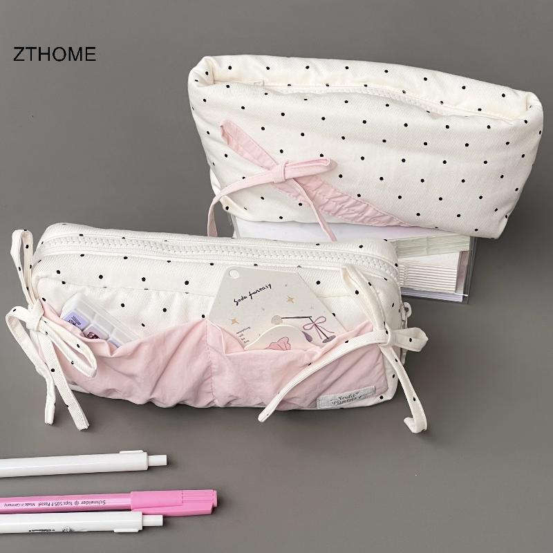 ZTHOME Dễ Thương Chấm Bi Nơ Hộp Đựng Bút Chì Màu Trắng Với Màu Hồng Phụ Kiện Dung Tích Lớn Dây Kéo Túi Đựng Bút Chì Học Sinh Văn Phòng Phẩm Đồ Dùng Học Tập HOT
