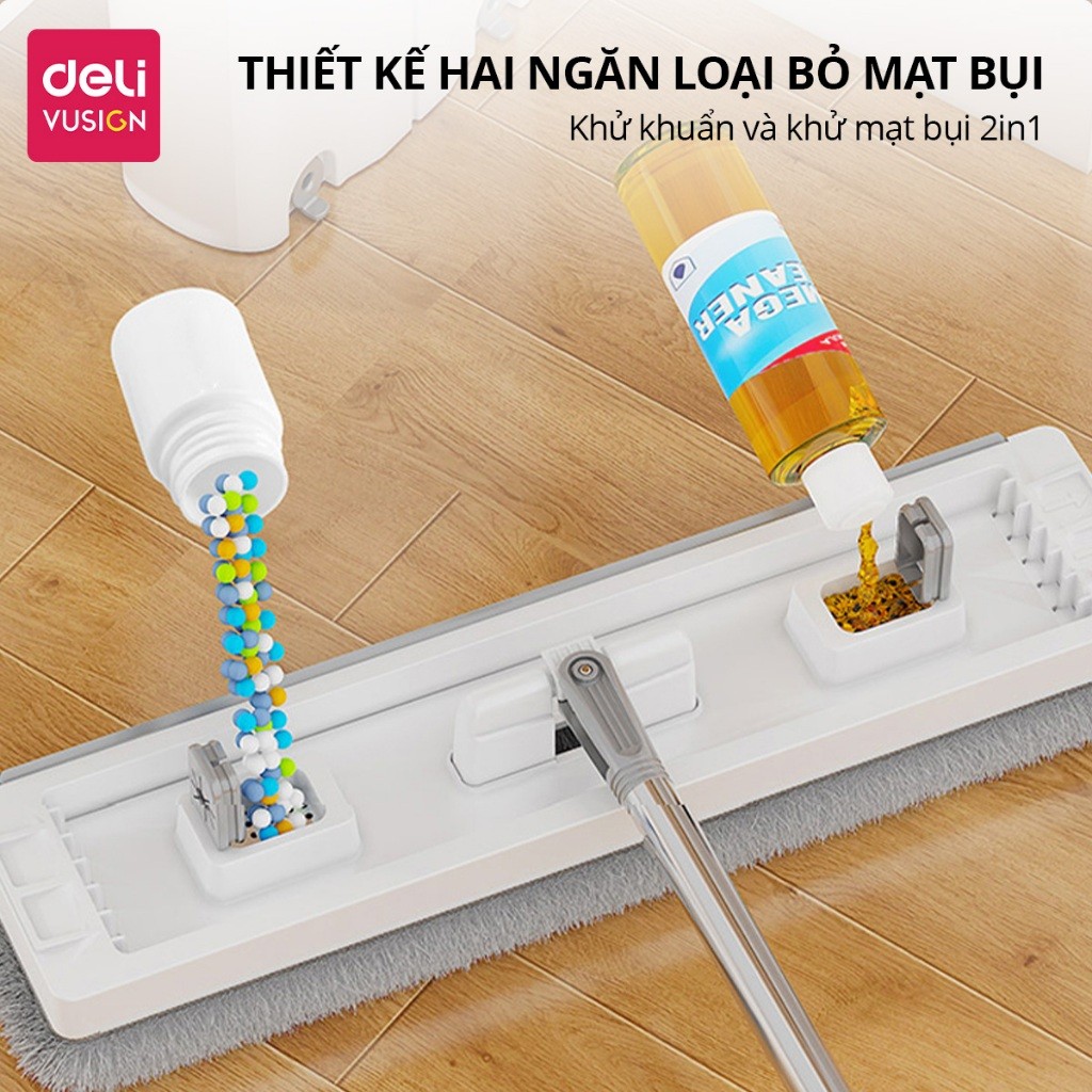 Bộ Cây Lau Nhà Tự Vắt Thế Hệ Mới Deli Chổi Lau 360 Độ Siêu Mỏng 4 Hệ Thống Làm Sạch Có Lỗ Thoát Nước