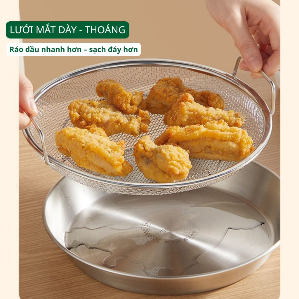 Set khay đĩa kèm vỉ lưới lọc dầu inox 304 ráo dầu nhanh, dùng chiên rán – hấp – rửa thực phẩm