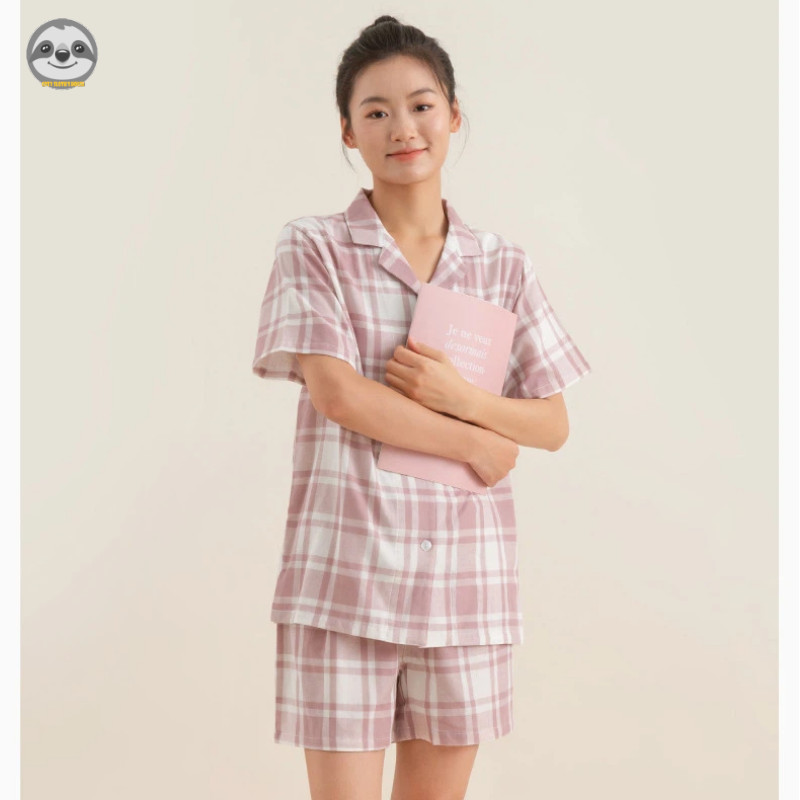 Phong cách Nhật Bản Muji Style / Cặp đôi kẻ sọc Cotton nguyên chất Quần short ngắn tay Loungewear / Nam Nữ Mùa hè mát mẻ Loungewear / Bộ đồ ngắn tay thoáng khí thoải mái