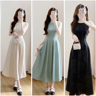 Váy Cổ Yếm Maxi Trơn Bo Eo Dáng Dài Xòe Chất Chéo Tiểu Thư Hàn Quốc Dự Tiệc Sự Kiện Đi Chơi - Vierlin V168