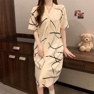 【Vải cotton nguyên chất, có mút ngực】Váy ngủ dài tay ngắn mùa hè cho nữ / Đồ mặc nhà phong cách thời trang thanh lịch