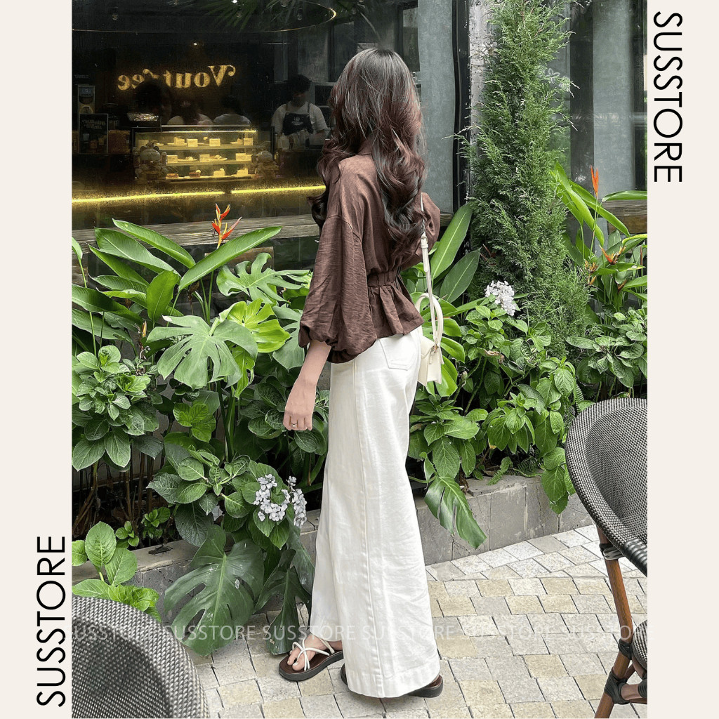 Áo Sơ Mi Bo Eo Lưng Chun Tay Bồng Cúc Dọc Đũi Hàn A322644 Thời Trang Nữ