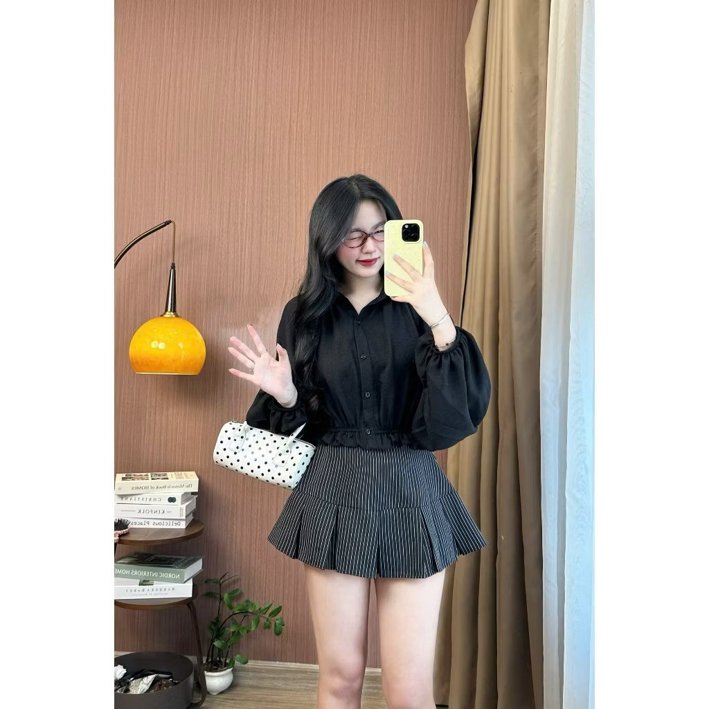 Áo Sơ Mi A154555 Dáng Croptop Tay Dài Bồng Chun Dưới Trẻ Trung Style Thu Đông_Lazy Có Bigsize