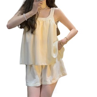 Hàng mới về: Bộ đồ ngủ cotton mát mẻ cho Nữ, bộ áo hai dây và quần short màu trơn dành cho nữ, có thể mặc ra ngoài