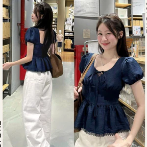Áo Kiểu Nơ Buộc Bo Eo Tay Bồng Pha Ren A311743 Thời Trang Nữ Bigsize