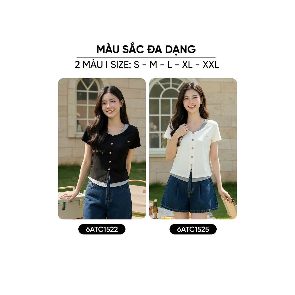 Áo phông nữ CARDINA chất cotton tay cộc cổ tròn phối cổ giả 2 lớp 6ATC15