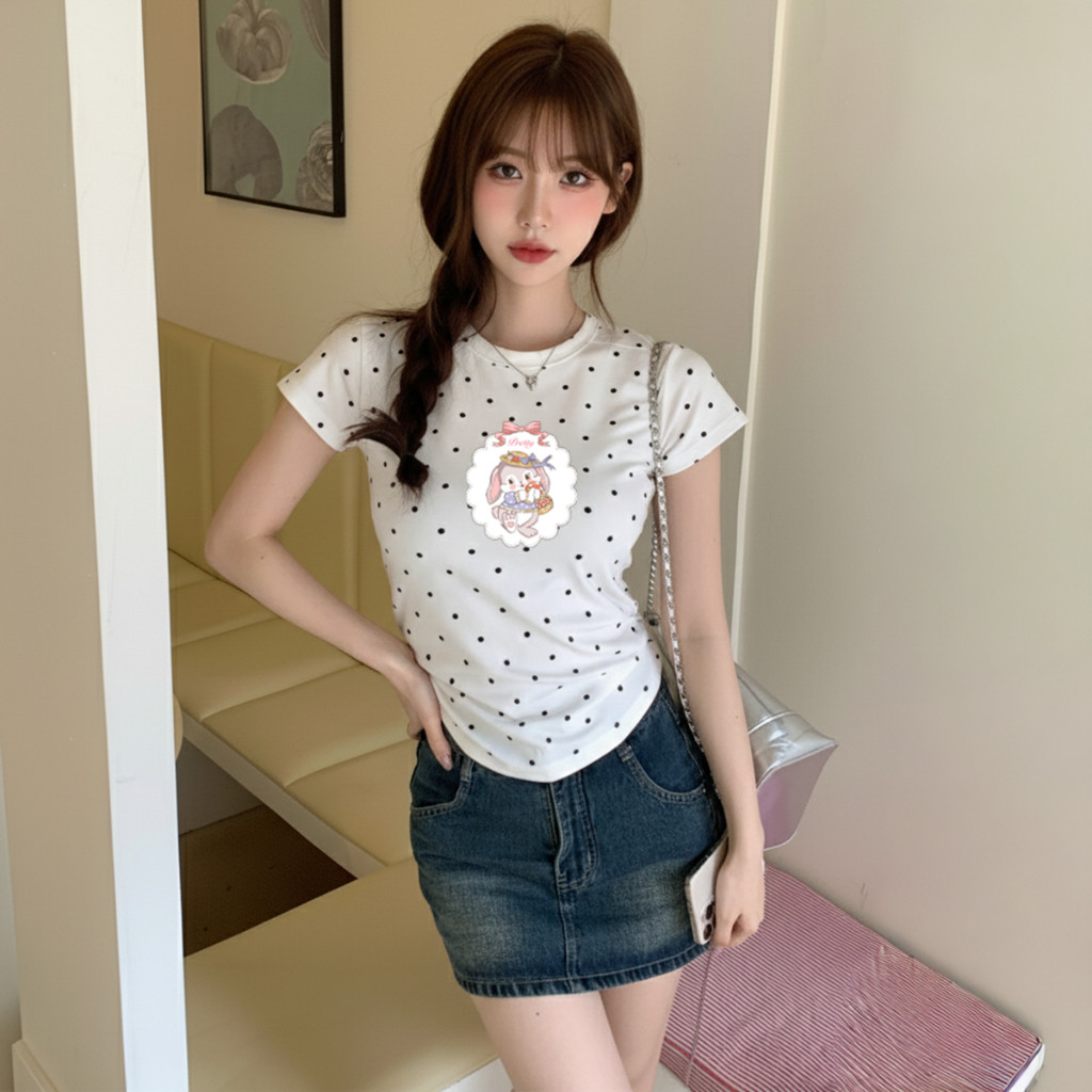 Áo Thun Baby Tee Dáng Ôm Chấm Bi  In Hình Thỏ Dễ Thương A5208844