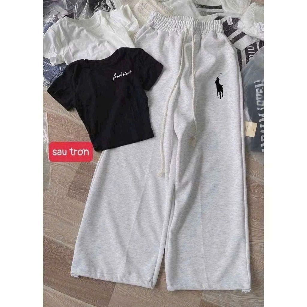 Sét Bộ quần rộng da cá dài xám tiêu in ngựa  + Áo croptop Chữ kí in nguuc
