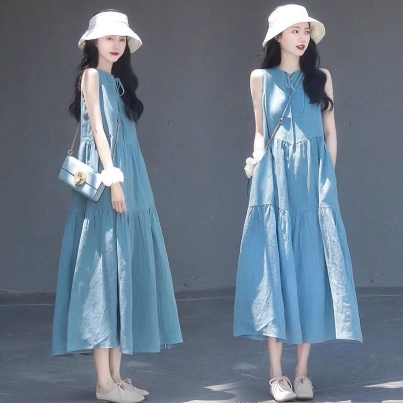 Váy dài nữ mùa hè dáng rộng, giản dị và thanh lịch, không tay, màu xanh trơn, thích hợp mặc đi chơi.