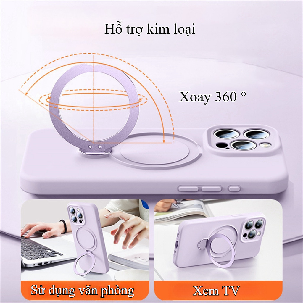 Ốp Lưng Silicone Giá đỡ Kim Loại Xoay 360° Dành Cho IPhone 17 16 15 14 13 Pro Max Chống Sốc Chống Bẩn Kèm Dây đeo