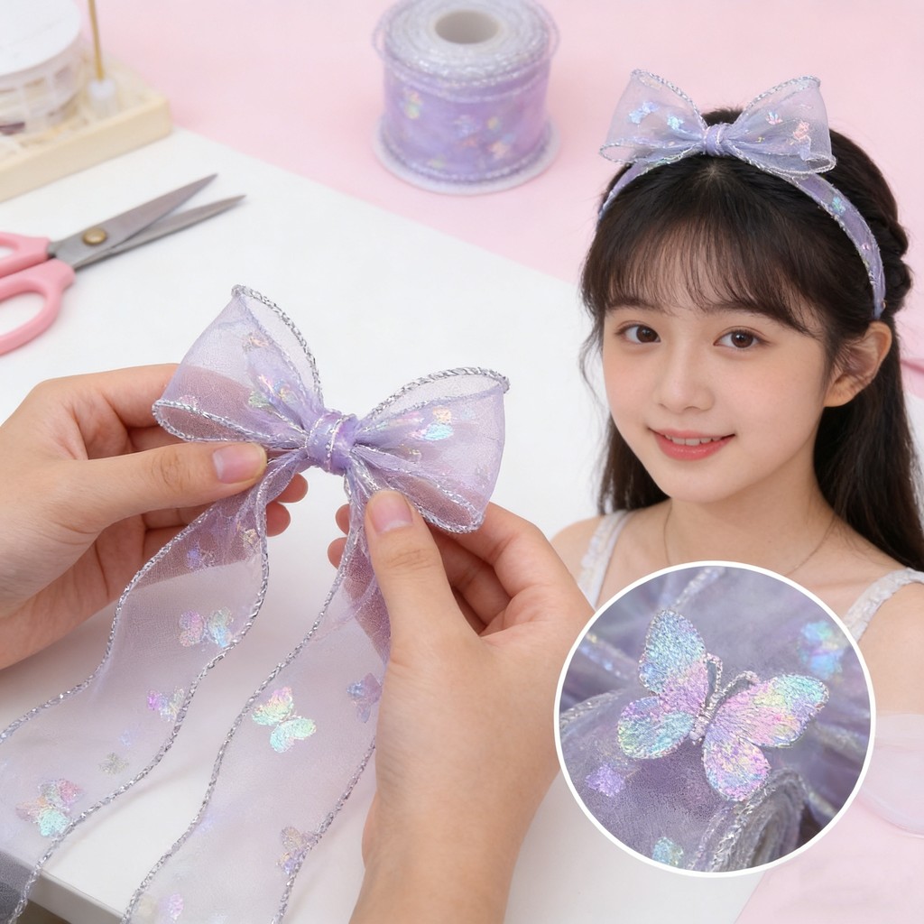 5M / Cuộn Long Lanh Bạc Cạnh Bướm Vải tuyn Ruy Băng DIY Thủ Công Và Trang Trí Tiệc