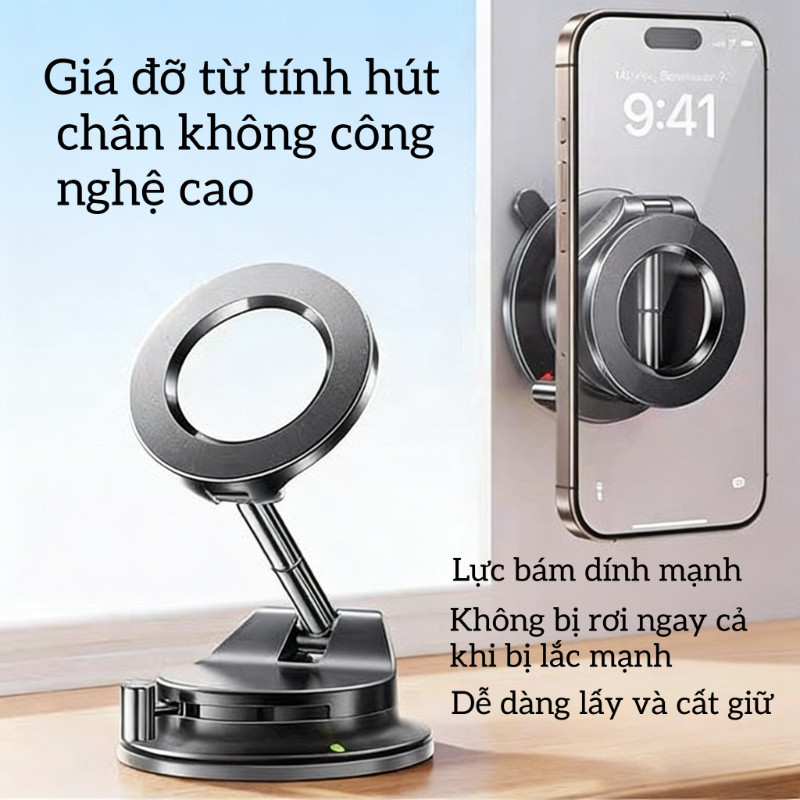 Giá Đỡ Điện Thoại Từ Tính Cao Cấp - Nam Châm Mạnh + Hút Chân Không, Đế Silicon Chống Rung, Xoay 360°, Gắn Kính & Taplo