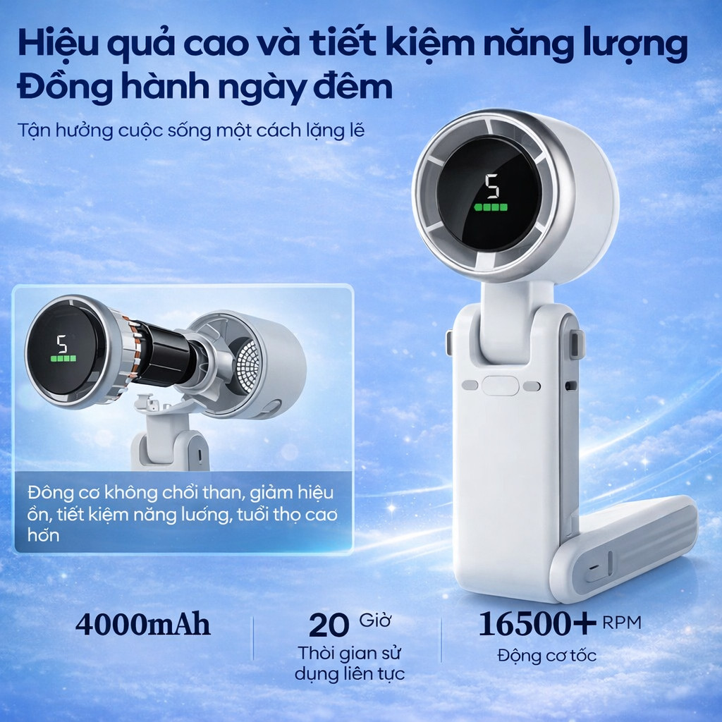 𝐓𝐞𝐜𝐡 𝐒𝐭𝐨𝐫𝐞 Quạt cầm tay Siêu Nhỏ màn hình led Dung Lượng Pin 4000 mAh Có thể gấp 180 độ Quạt Mini Cầm Tay 5 số gió