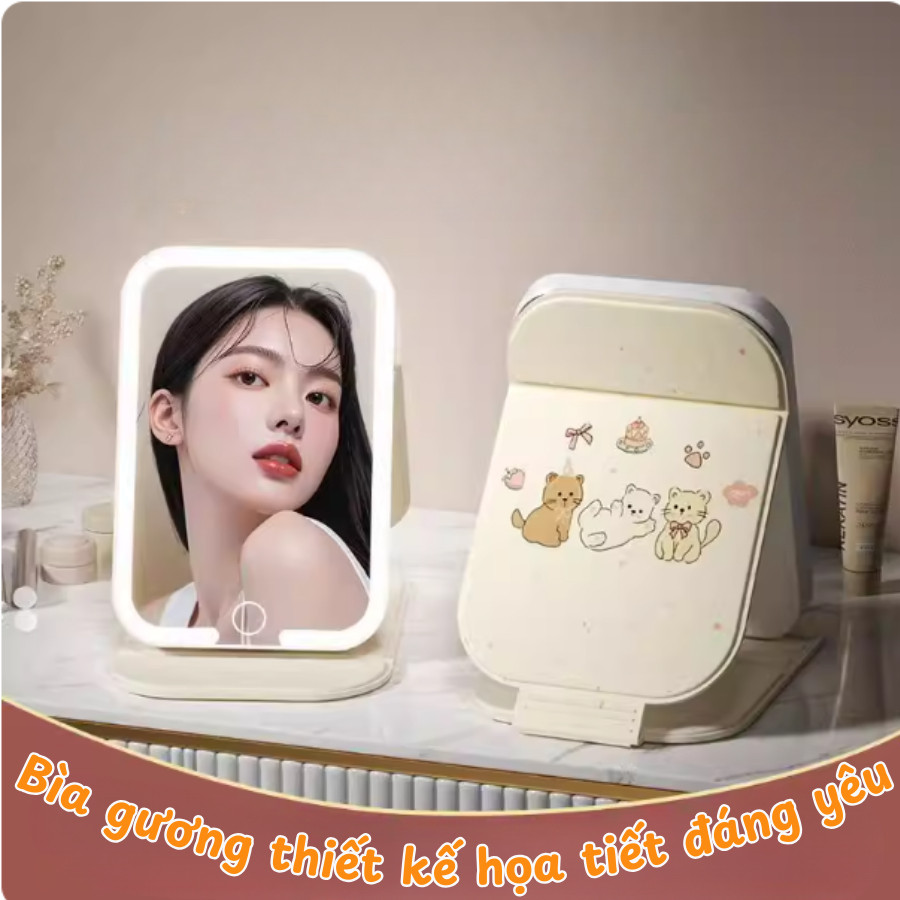 Gương LED Trang Điểm 3 Chế Độ Sáng - Gương Hoạt Hình Dễ Thương Trang Trí Bàn Học, Ký Túc Xá DINO