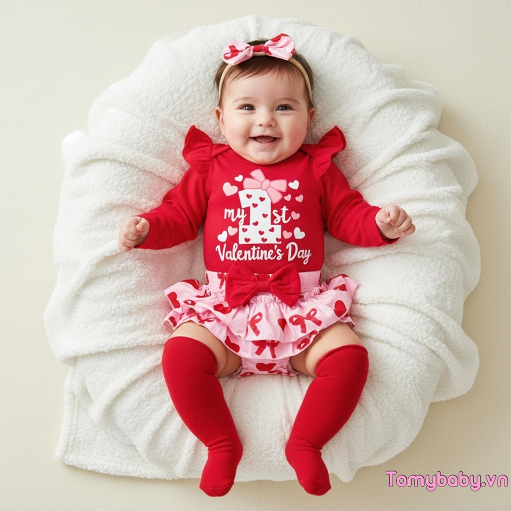 Trang phục ngày lễ tình nhân cho bé gái Áo liền quần dài tay in hình trái tim + Ruffle Skort + Băng đô + Bộ vớ
