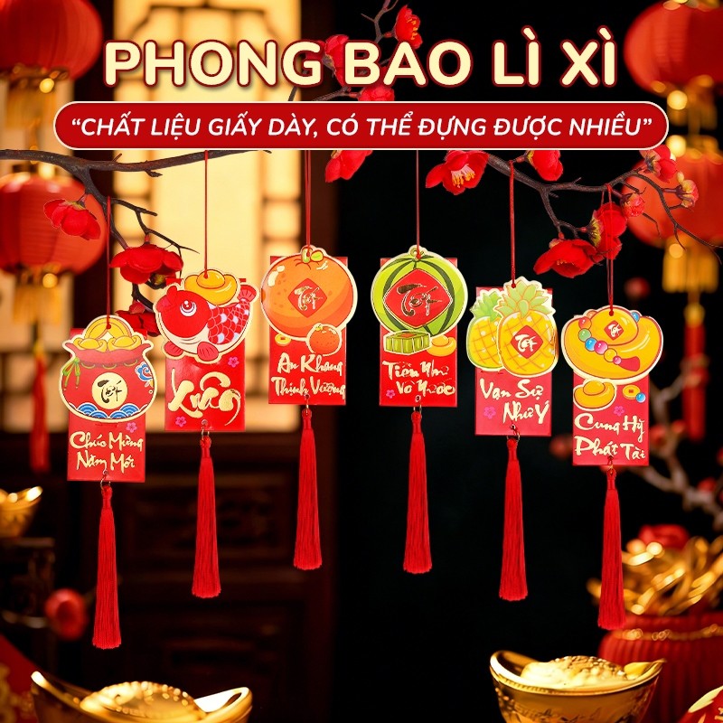 Bao lì xì treo trang trí Tết 2026, liễng treo rời kèm tua rua, phụ kiện treo nhà treo cây ngày Tết