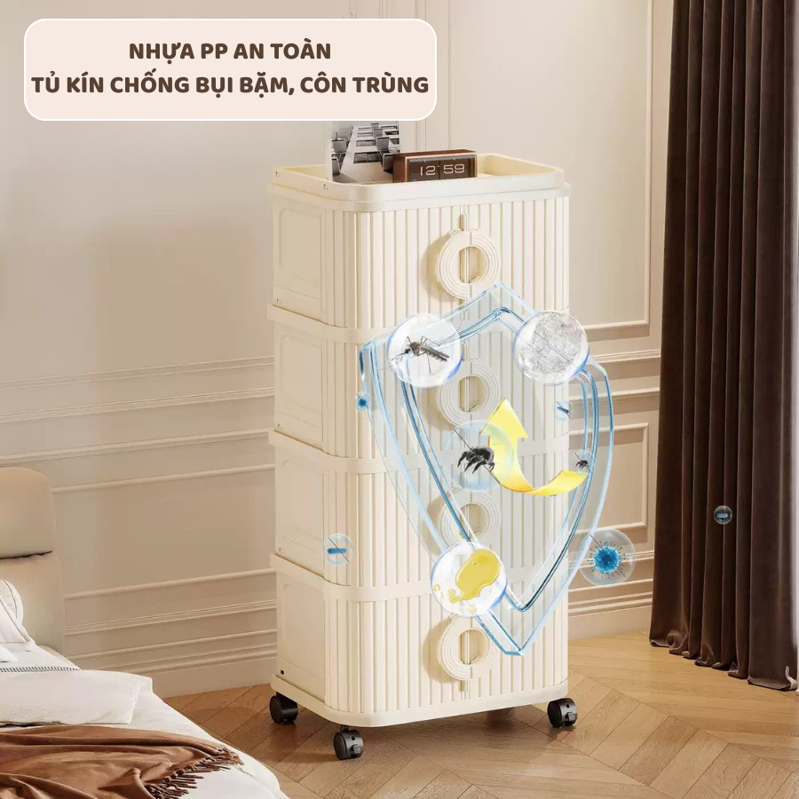 Tủ Gấp Gọn Đựng Đồ Đa Năng ENODA HOME, Tủ Nhựa 5 Tầng Cửa Trong Suốt Tay Cầm Tròn Có Bánh Xe Tiện Lợi TUN002