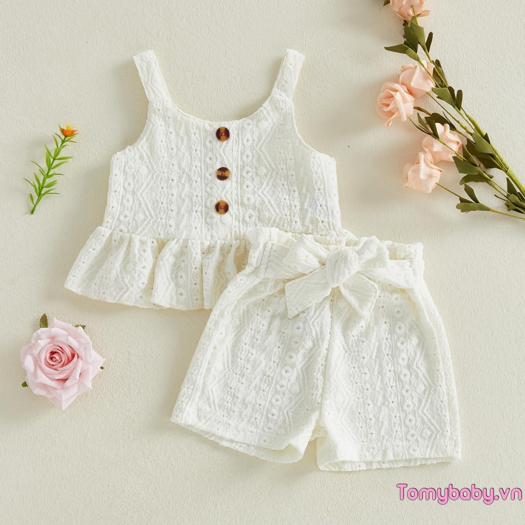 Bộ đồ mùa hè cho bé gái Bộ Áo hai dây rỗng + Quần short buộc dây chắc chắn Trang phục 2 món mùa hè