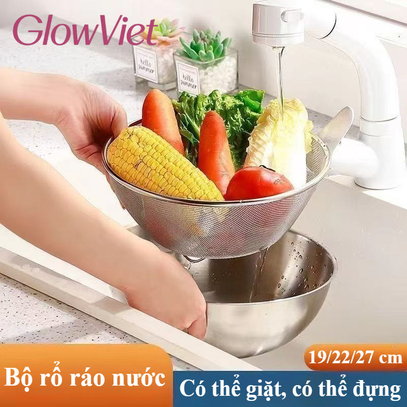 Chậu Rửa Rau Inox 304 Có Giỏ Lọc, Dày Bền, Không Gỉ, Size 19/22/28cm, Đa Năng Nhà Bếp