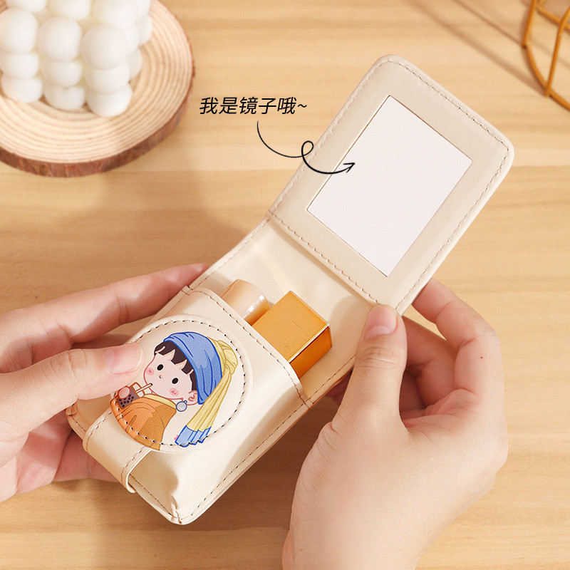 Túi son môi bằng da PU Mini hoạt hình dễ thương có gương - Ví đựng đồ trang điểm