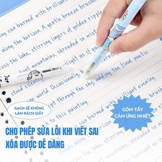 Bút mực xoá được cho học sinh với phong cách cute - Hộp 20 bút mực nước ngòi 0.5mm xanh đen, thao tác bấm nhanh