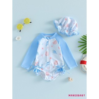 MG-Toddler Bộ Đồ Bơi Bé Gái Vỏ Biển Hoa Tay Dài Rash Guard Bộ Đồ Tắm Có Mũ Chống Nắng 2 Mảnh Trang Phục