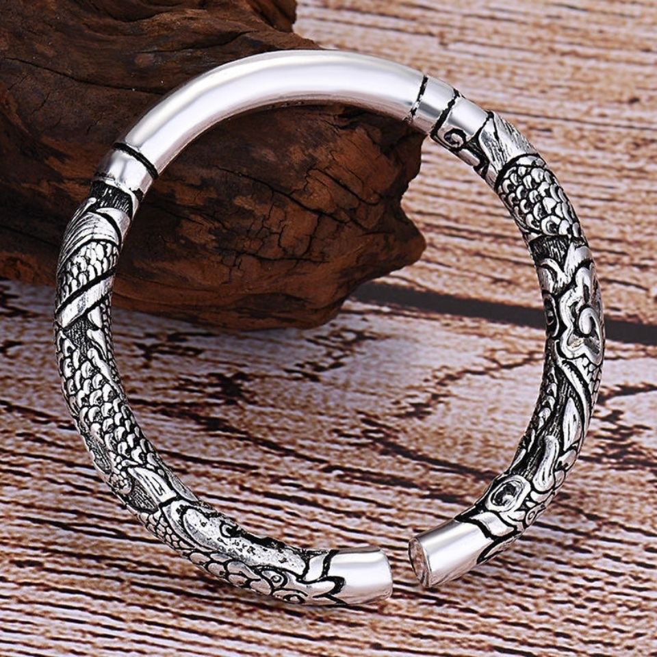 Vòng tay đôi rồng họa tiết nổi phong cách retro, hợp kim mạ điện unisex