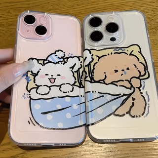 Gối ngủ cho cặp đôi, cún con phù hợp với vỏ điện thoại 16/17 Promax, iPhone 15 trong suốt, 14 Pro, đáng yêu, chống rơi