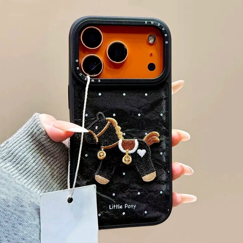 Ốp Điện Thoại Nhung Cao Cấp Thêu Ngựa 3D Cho iPhone 17 Pro Max 16 15 14 13 Vỏ Bảo Vệ Chống Sốc