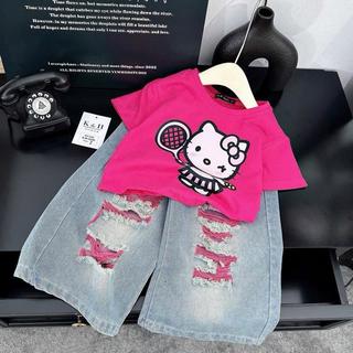 S339-[tomnaukids] Set áo thun Hồng phối quần jean suông rách cho bé gái size từ 8-38Kg