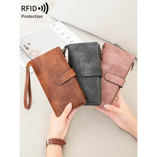 Hàng sẵn có Phong cách mới RFID Tri-Fold Ví dài Retro Đa chức năng Ví nữ Màu trơn Di động Dung tích lớn Ly hợp Cảm giác cao cấp 01