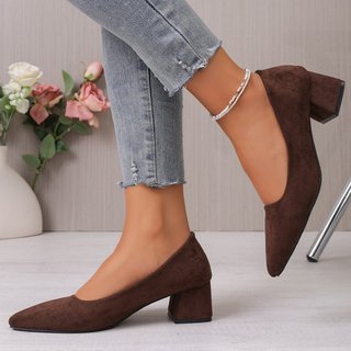 Giày Cao Gót Nữ Mũi Nhọn Dày Gót Slip-On Nông Miệng 35-42