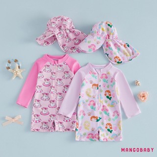 MG-Baby Girl Rash Guard Đồ Bơi Đuôi Cá Cô Gái / Vịt In Dây Kéo Dài Tay Tắm Có Mũ Bơi