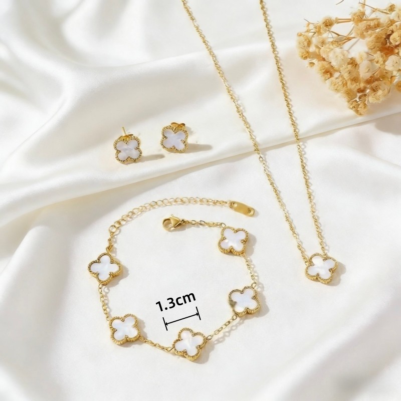 Bộ trang sức bốn lá may mắn: thép titan mạ vàng 18K, 4 màu – vòng cổ, tay, khuyên tai, thời trang