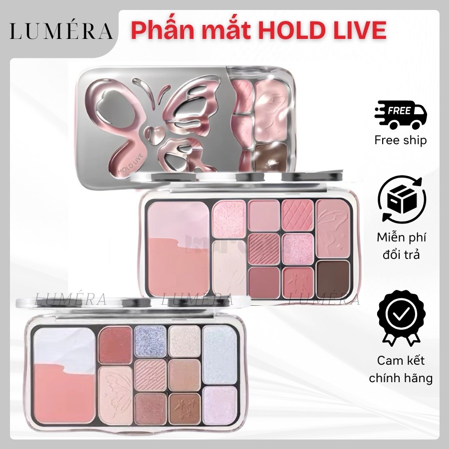 Bảng phấn mắt HOLD LIVE 12 màu kèm má tạo khối tone hồng lạnh nhũ đa năng lâu trôi 4in1 Mist Butterfly Shadow HL792