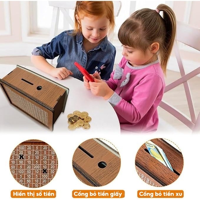 Hộp gỗ tiết kiệm tiền chắc chắn, ống đựng tiền xu tiền giấy tiện lợi, mẫu mã đa dạng dễ chọn thử thách tiết kiệm