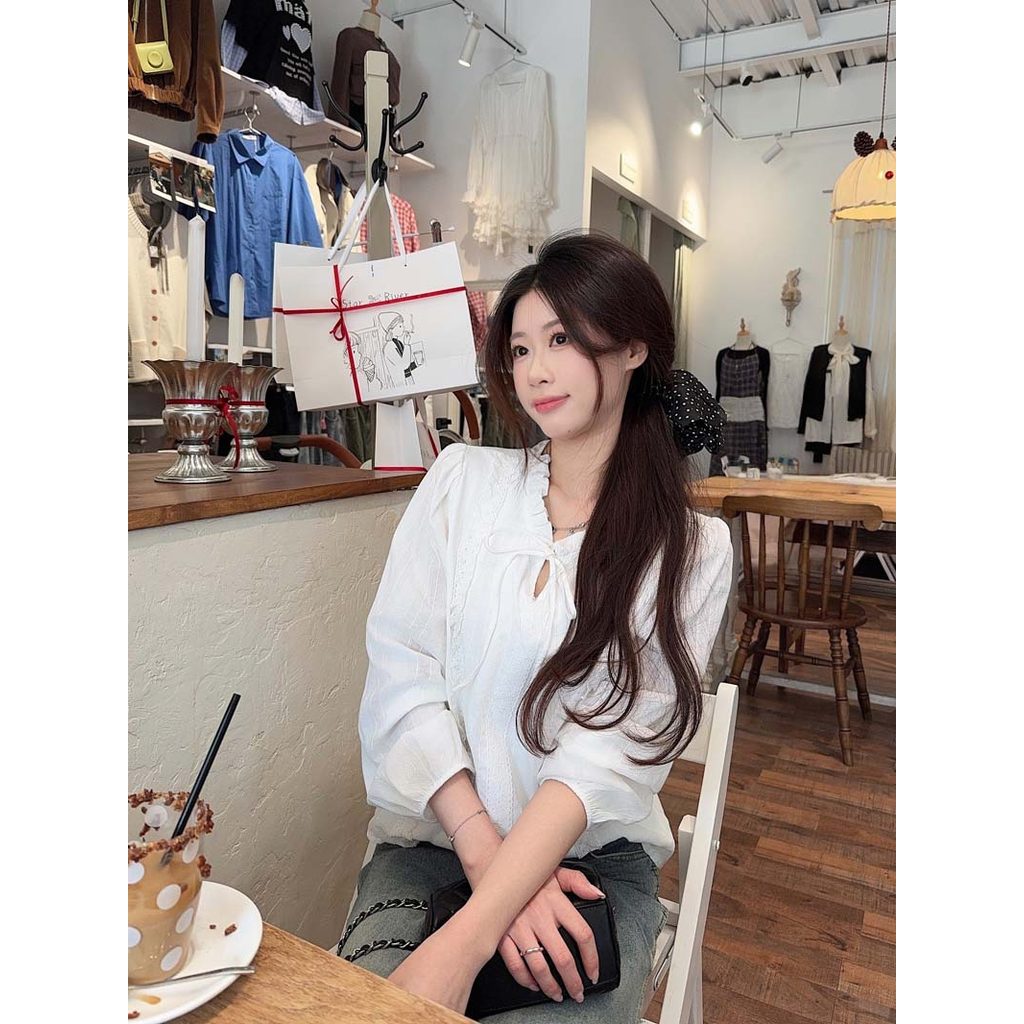 SUXI Áo sơ mi dài tay cổ ren giản dị nhẹ nhàng dành cho nữ 260123