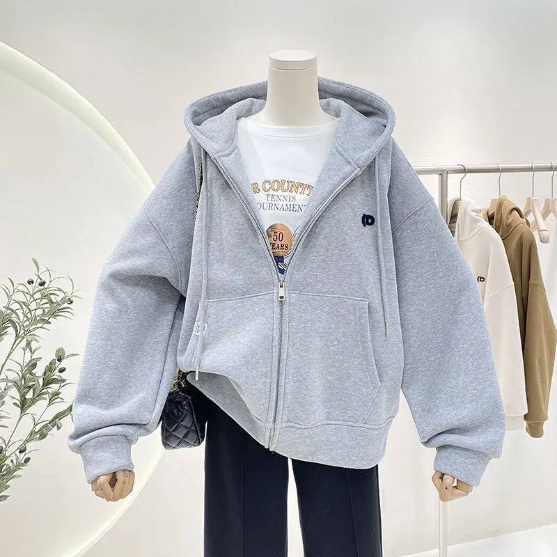 Áo khoác nữ nhung dày có mũ trùm đầu mùa xuân thu đơn giản và đa năng Áo Cardigan dây kéo Oversize đơn giản