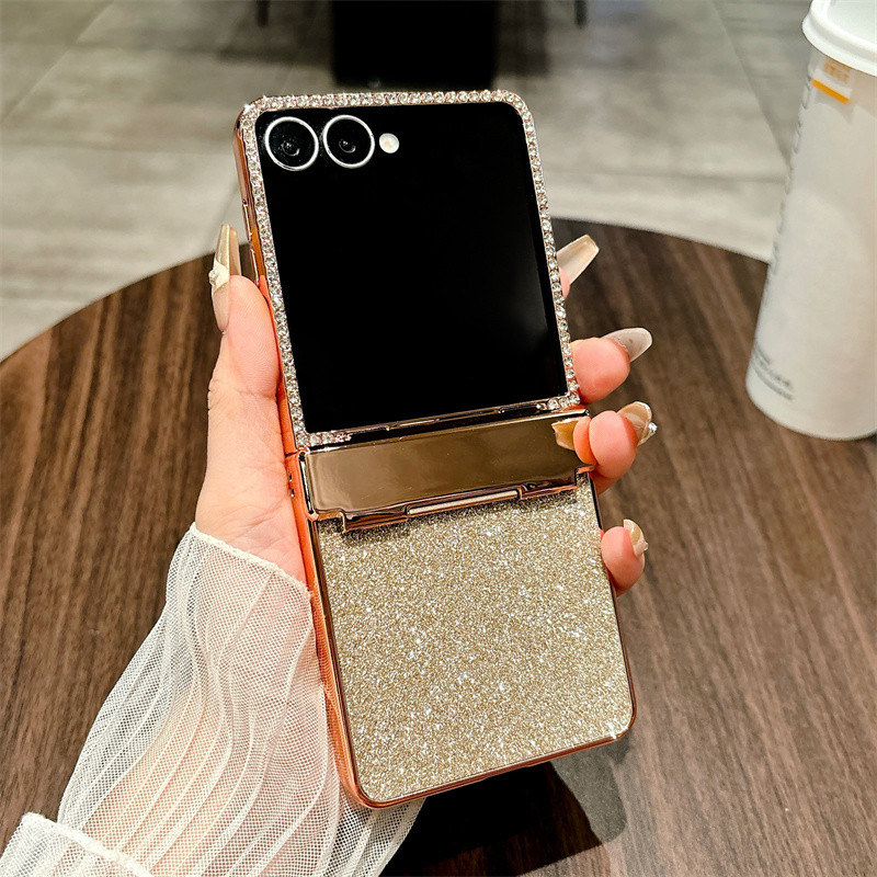 Sang Trọng Sáng Bóng Kim Cương Mạ Điện Bản Lề 2in1 Ốp Lưng Điện Thoại Samsung Galaxy Z Flip 7 7FE Flip 6 5 4 3 Bling Lấp Lánh Chống Sốc